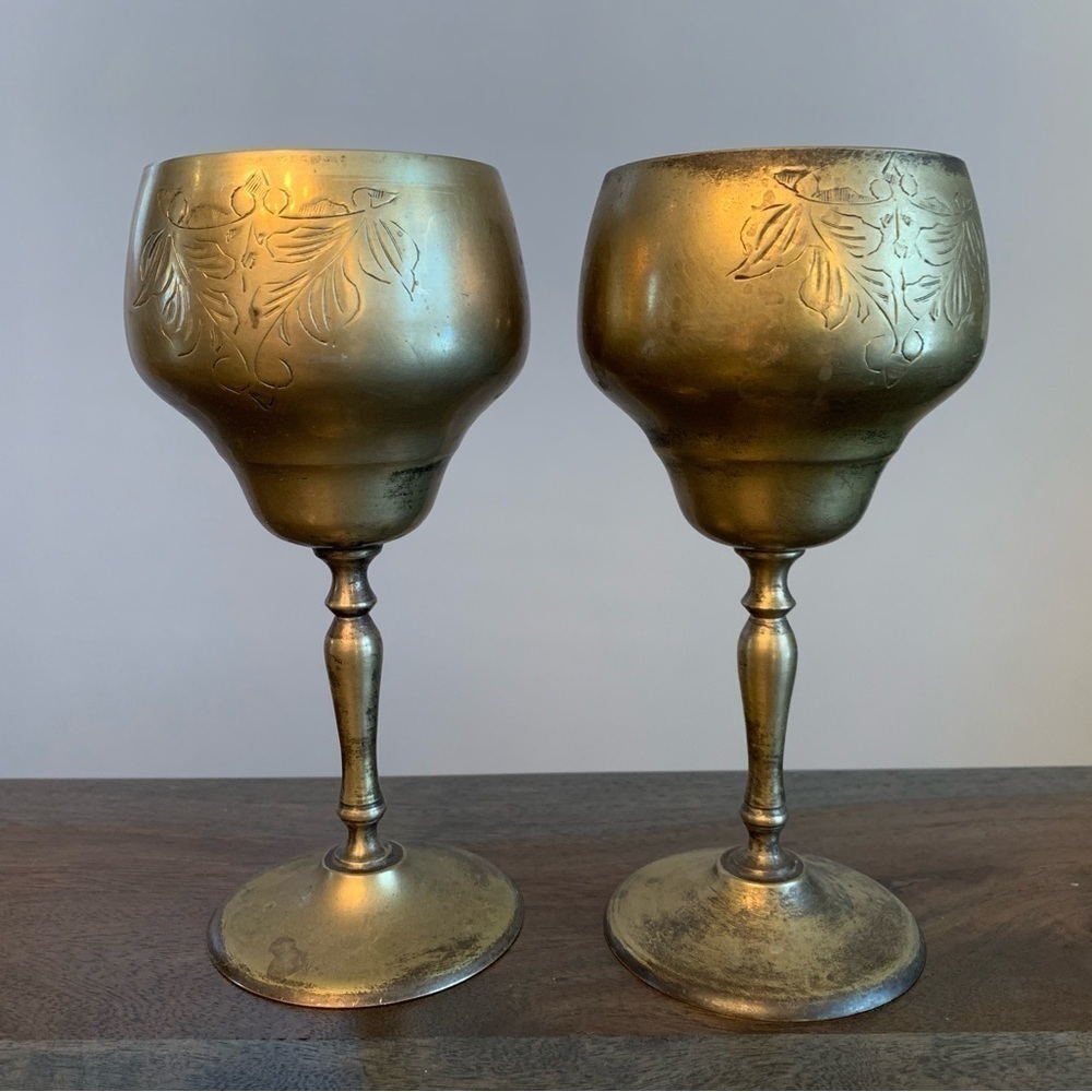 Pair Gold Tone Etched EPNS Goblets Vintage Stamped EPNS Patina.